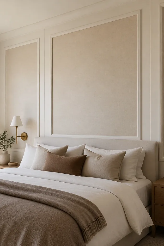 Cream linen framed panels on a bedroom accent wall with wide matte borders
