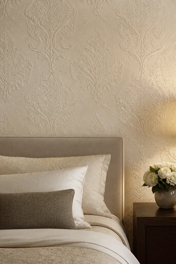 Warm ivory damask wallpaper with no metallic shine on a bedroom accent wall