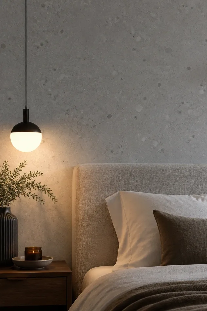 Monochrome speckled terrazzo-look accent wall in charcoal