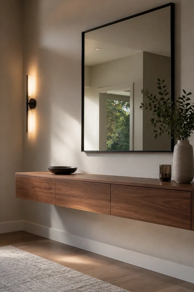 Walnut floating console under a black framed mirror