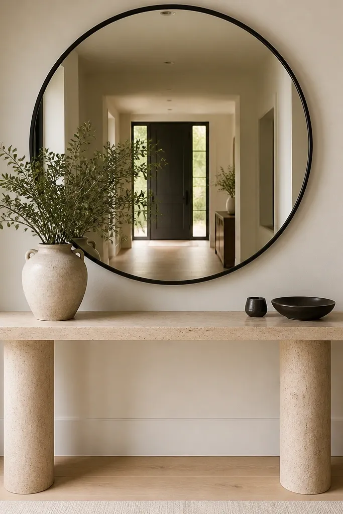 Round mirror above a slim light stone console