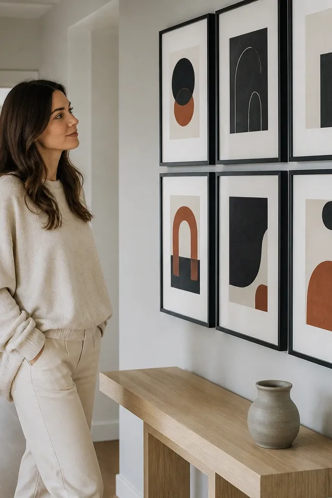 Single-color framed art gallery wall above a minimalist console