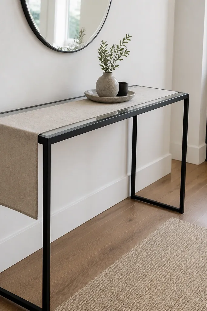 Black steel console with glass top and a light linen runner