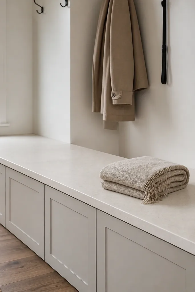 Entry bench with hidden cubbies and a light stone top