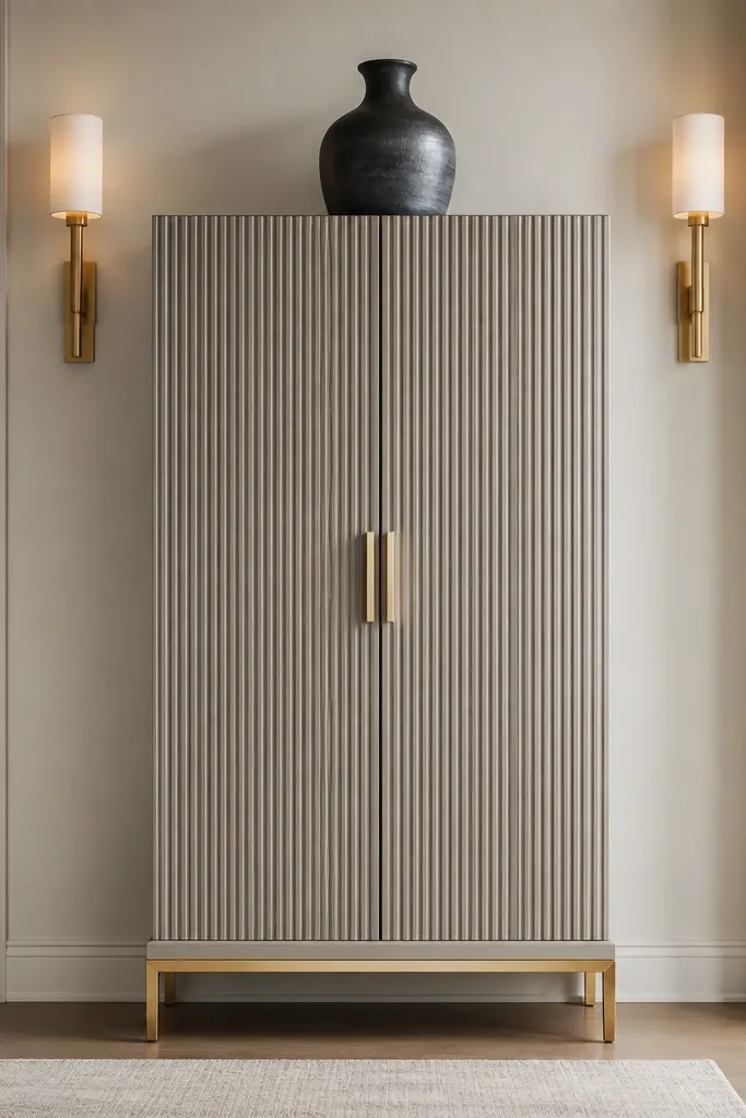 Tall fluted-door cabinet with a single vase on top