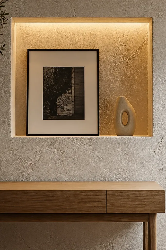 Textured plaster wall niche with a slim console underneath