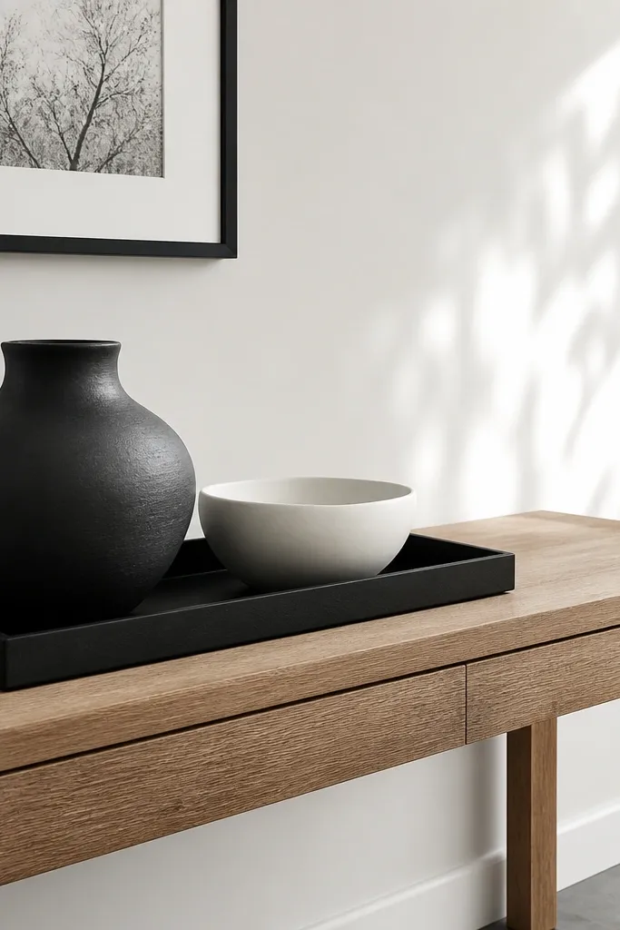 White ceramics on a black tray atop a simple console