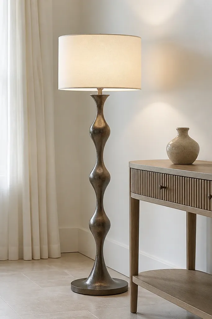 Tall sculptural floor lamp beside a light console