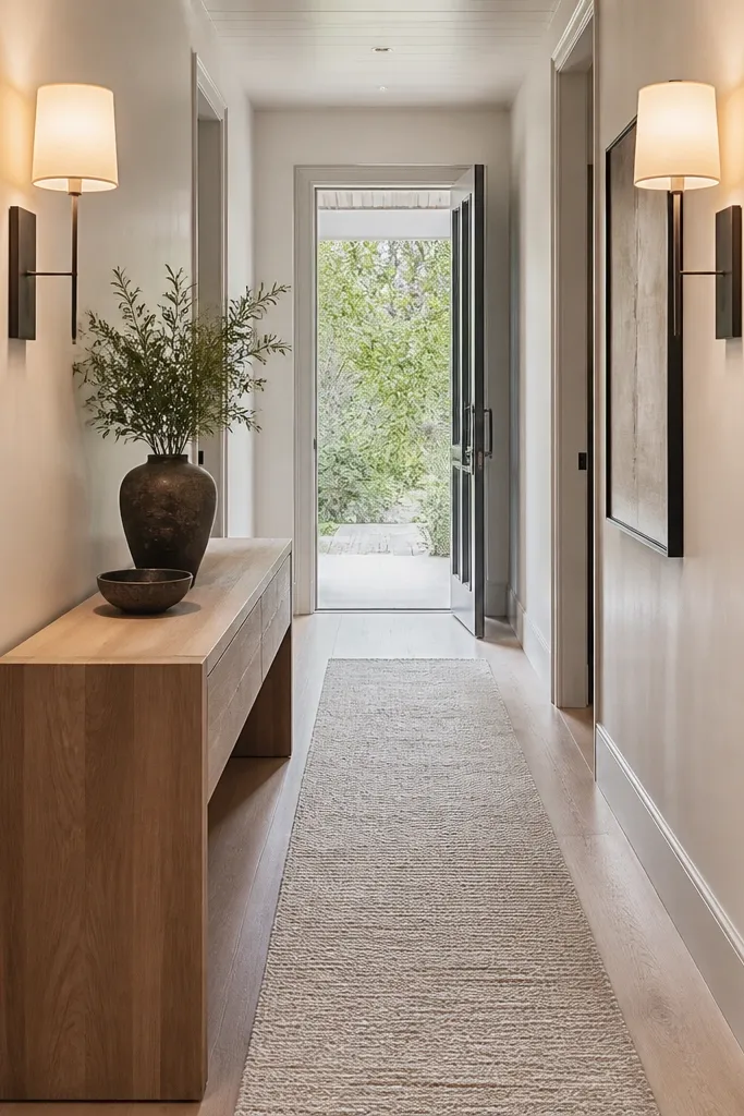 Narrow console with long runner and two matching wall sconces