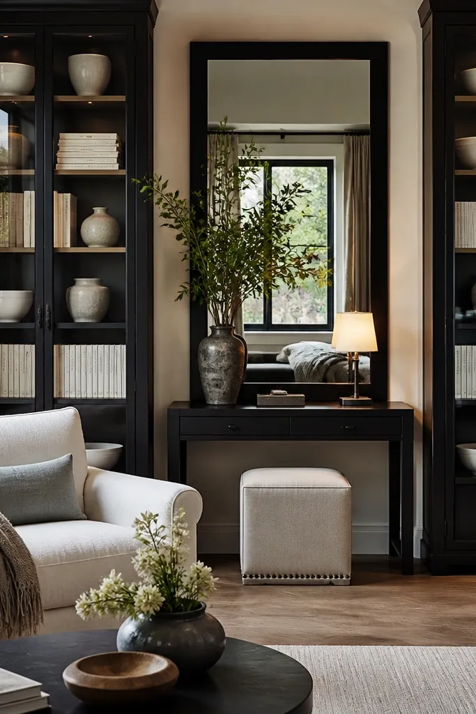 Black mirror above two matching glass-front cabinets