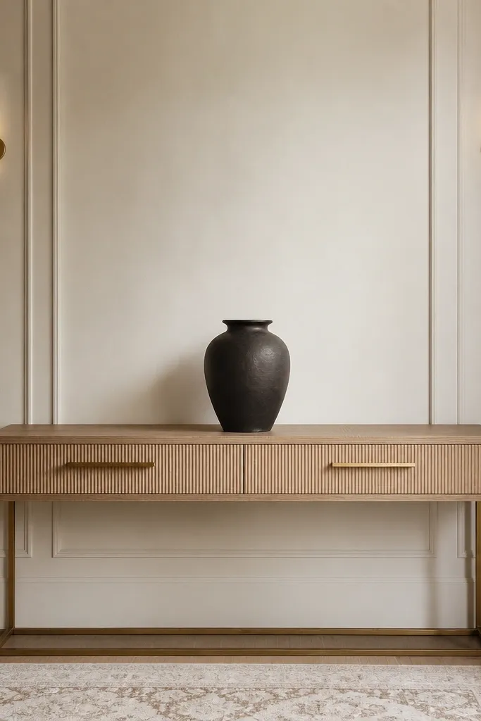 White oak console with brass details and a single dark vase