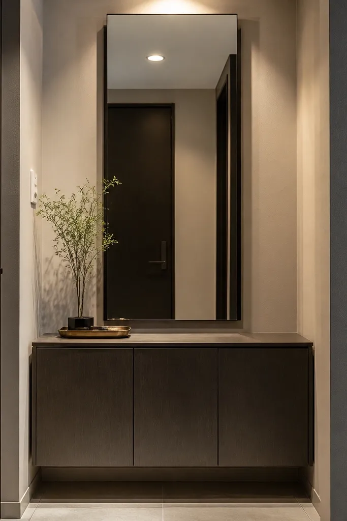 Tall mirror with a slim console and hidden shoe storage below
