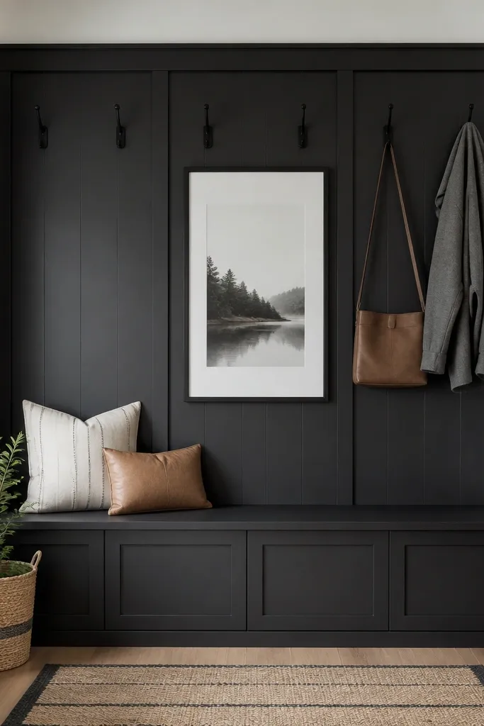 Matte black coat rack wall with a bench and one framed print