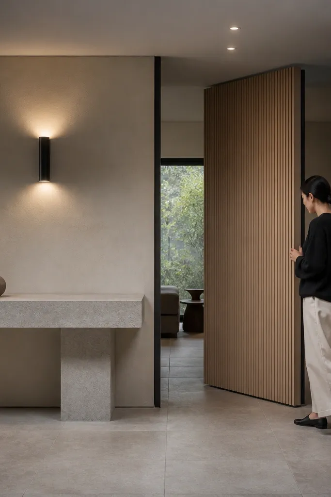 Narrow stone console behind a pivot screen with matte black accents