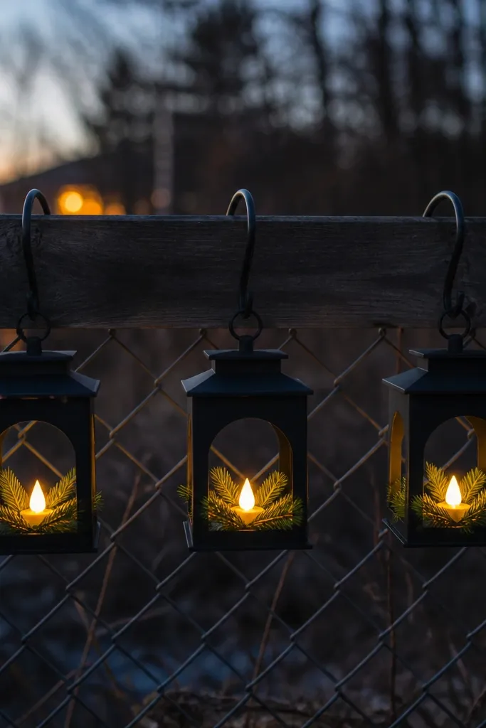 Three tall lanterns on a dark fence with warm white lights and evergreen sprigs
