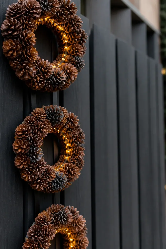 Three small pinecone wreaths stacked vertically on a fence with warm white lights