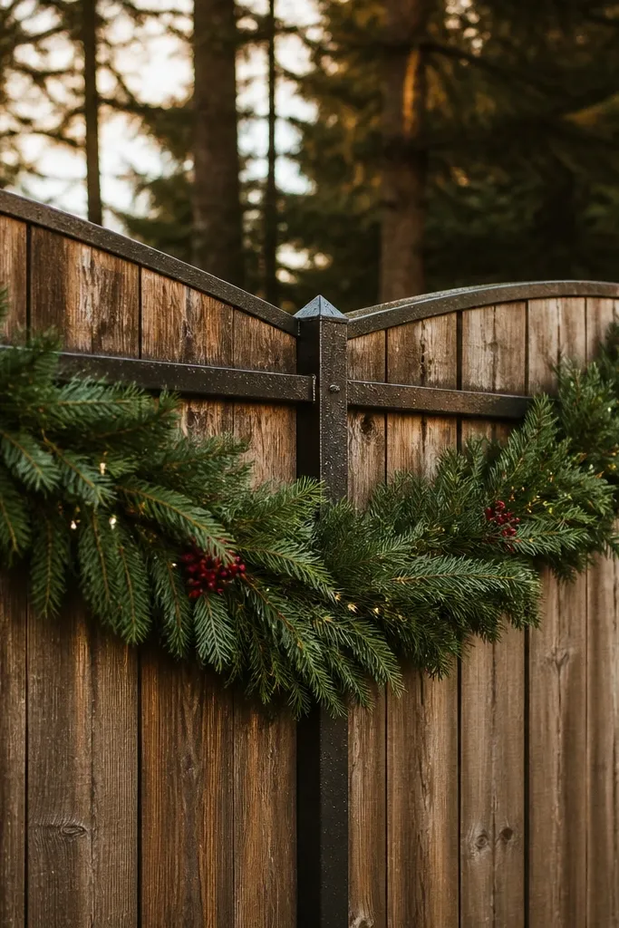 Long evergreen garland swag draped across a fence with red berries and warm white lights