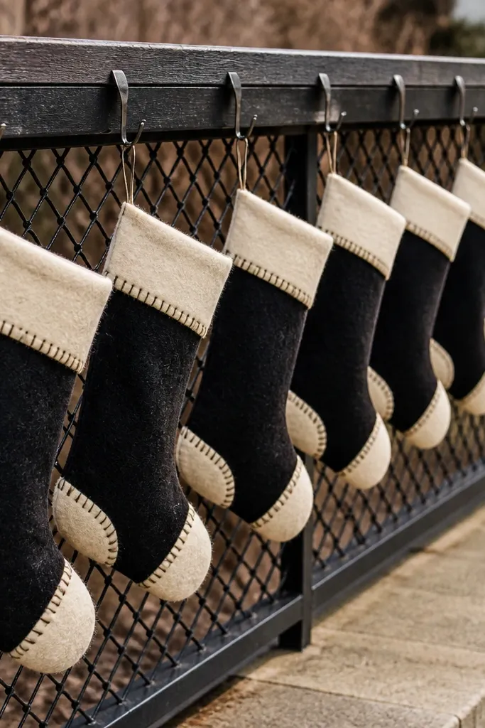 Mini stockings in black and cream hanging along a fence bottom rail with warm lights