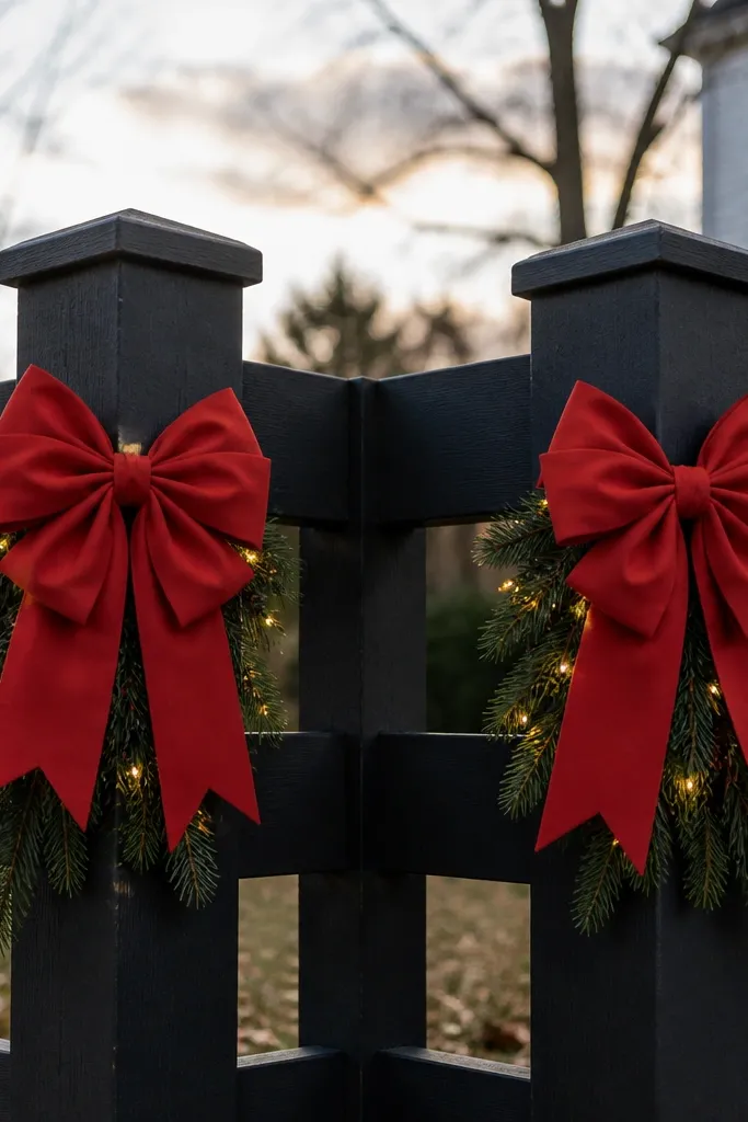 Large red fabric bows tied at fence corners with evergreen and warm white lights