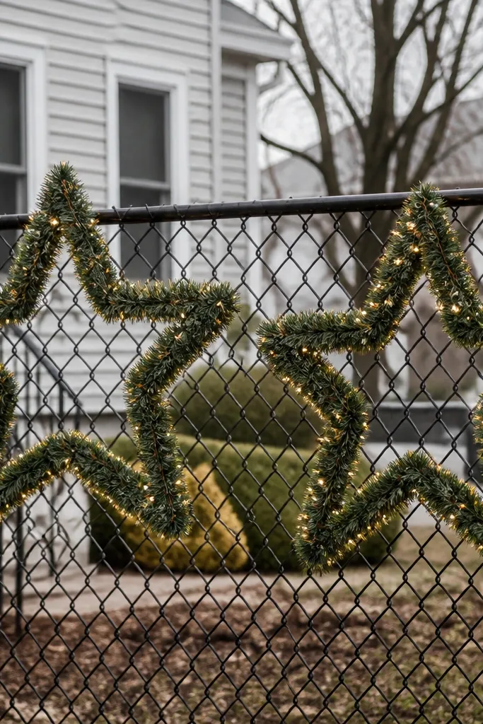 Star-shaped wreaths on chain-link fence with warm white lights and evergreen accents