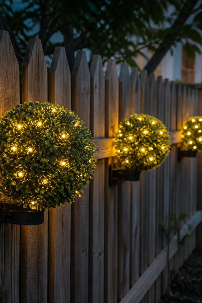 Small evergreen topiary balls placed on pickets with warm white bulbs