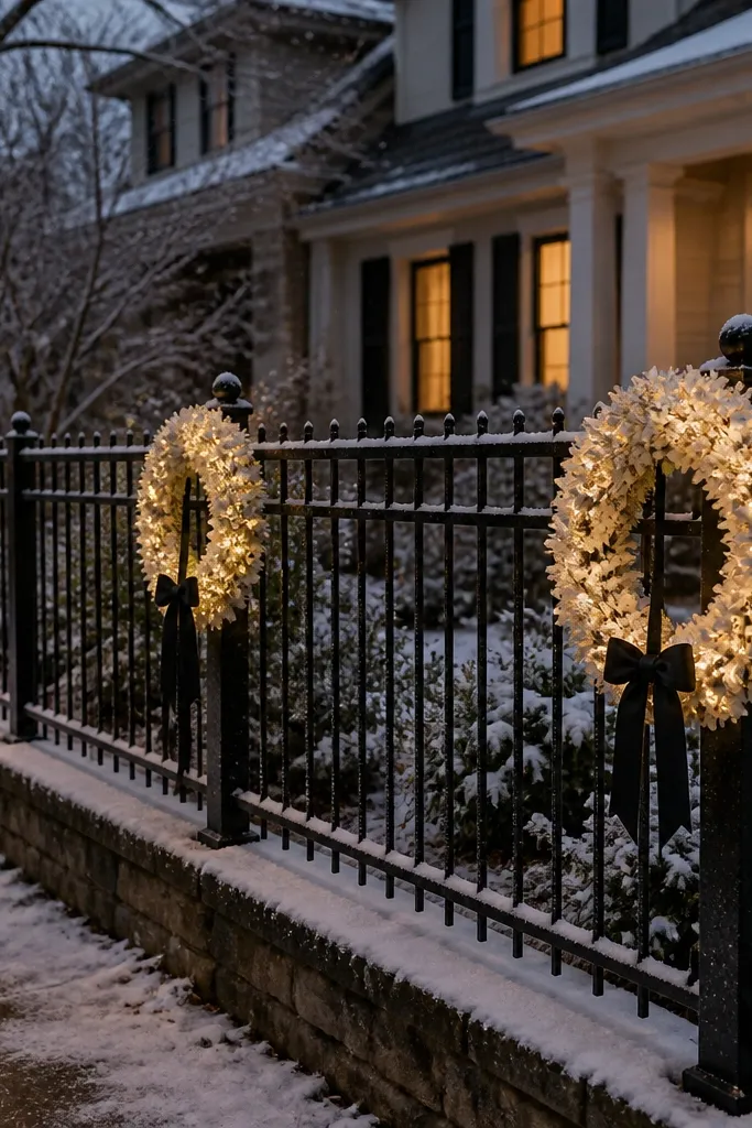 Cream wreaths with black ribbon tied to alternating fence posts with warm lights