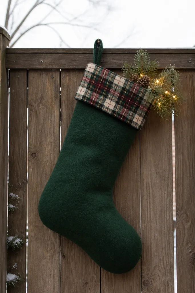 A large felt stocking on one fence section with plaid trim and warm white lights