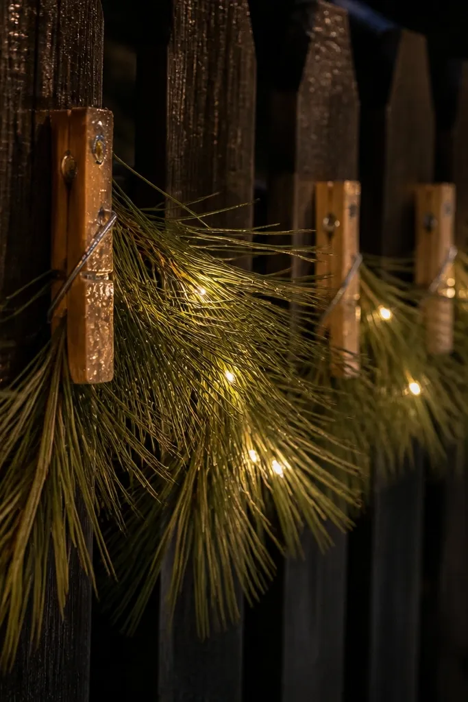 Pine sprigs clipped to a fence with tiny warm lights and natural wood accents
