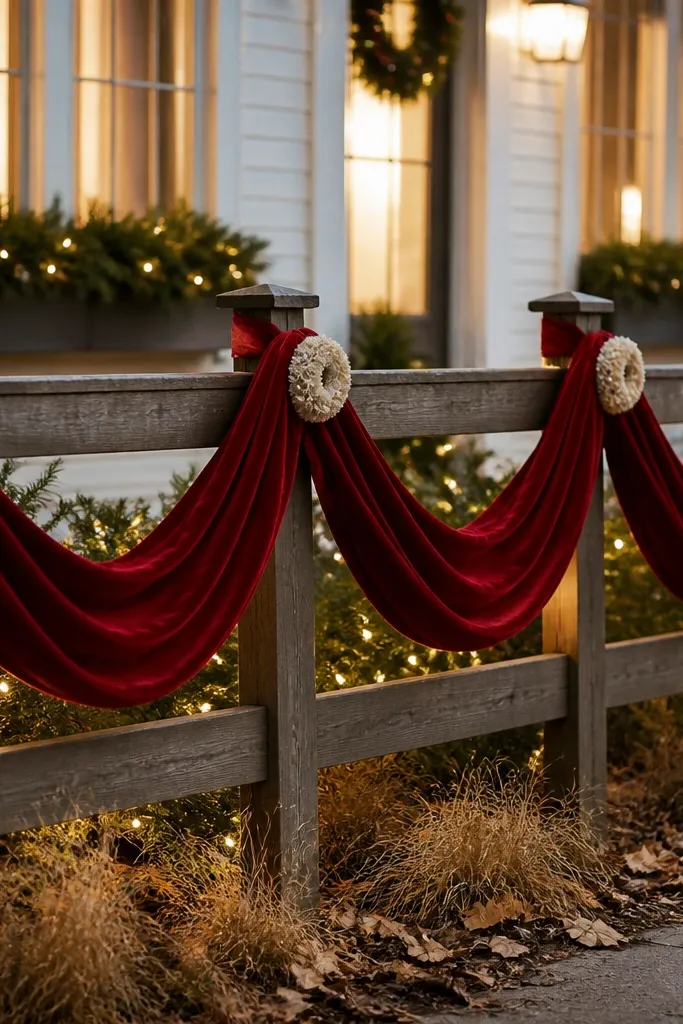 Red velvet ribbon banner draped across a fence with mini wreath tabs and warm lights