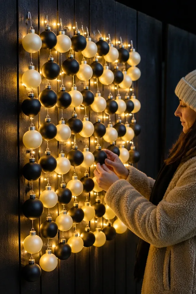 Shatterproof baubles in two tones hung on a fence with warm white lights