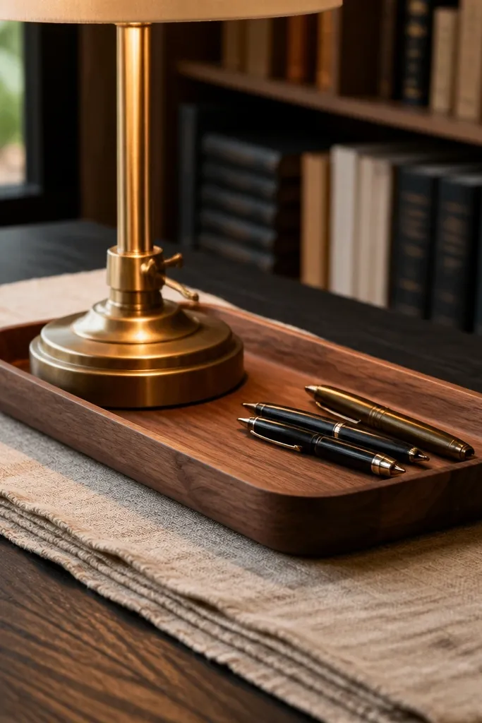 Walnut tray with a brass lamp and oat linen runner on a wooden study desk