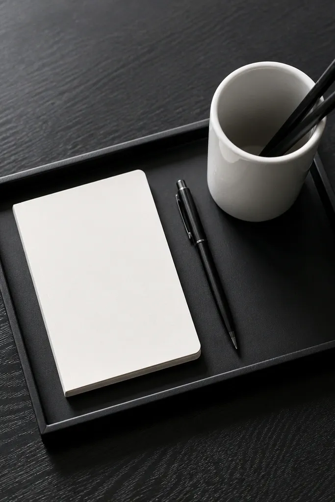 Matte black tray holding a white ceramic pen cup and a small notepad on a dark desk