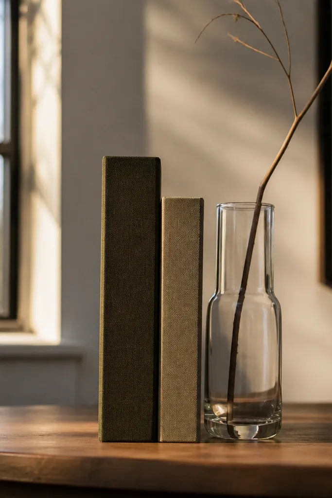 Two stacked books with a slim vase holding dried stems on a study desk