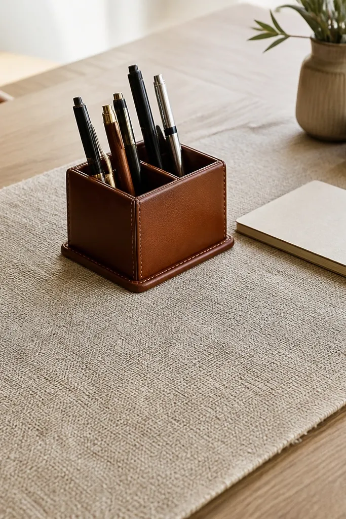 Oat linen desk mat with a brown leather pen organizer and notebook on a study desk