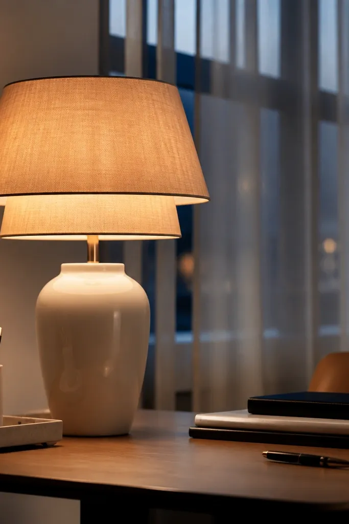 Ceramic lamp base with a warm shade beside a notebook and tray on a study desk