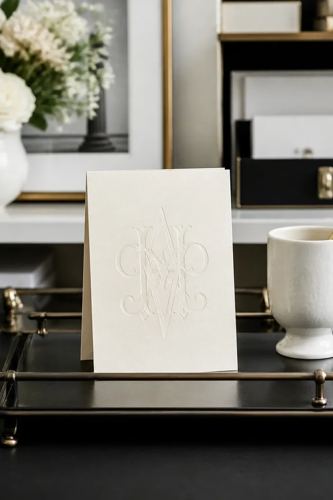 Small monogram card propped on a minimal tray with a pen cup on a desk