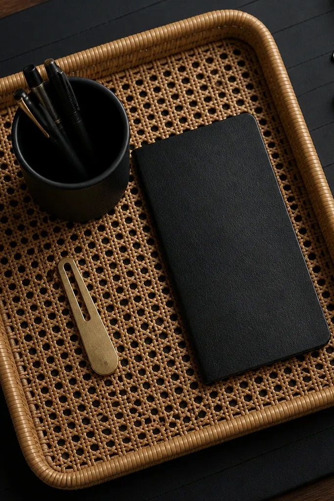 Rattan tray on a study desk with black notebook, brass clip, and pen cup