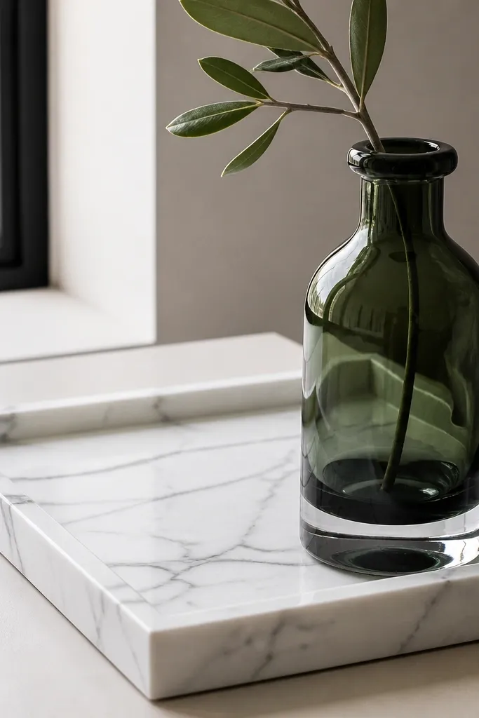 White marble-style tray holding a dark green glass bottle and notebooks on a desk