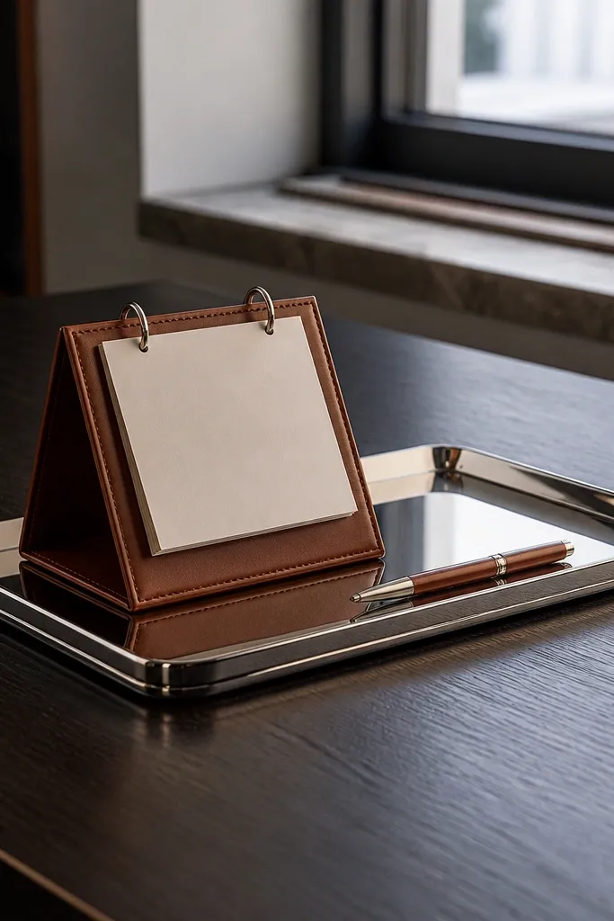Chrome tray with a leather calendar and pen cup on a dark wood desk