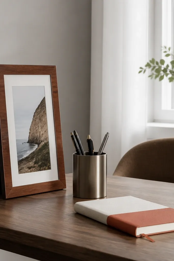 Standing frame with a pencil cup and a color-blocked notebook on a study desk