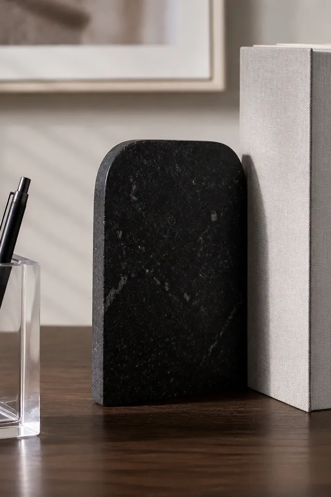 Statement bookend holding books with a clear acrylic pen holder on a study desk