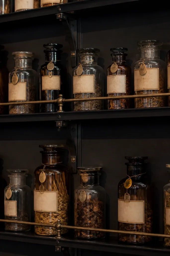 Black shelves with brass trim holding glass jars and handwritten labels