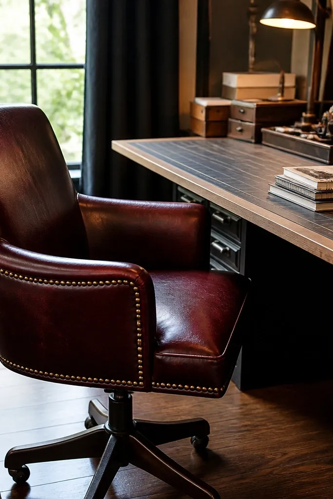 Oxblood leather chair with brass trim in a dark craft room