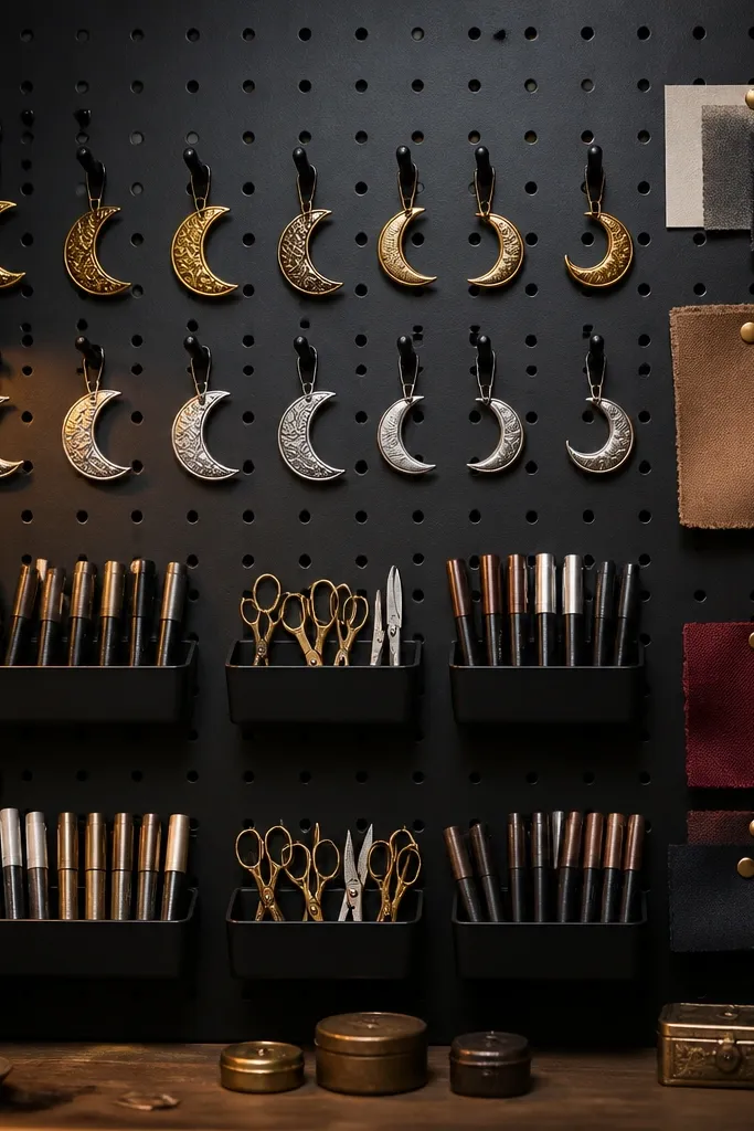Pegboard wall with moon icons and small trays holding craft tools