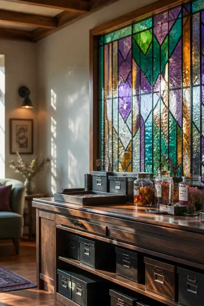 Tall window panel with jewel-toned stained glass beside a craft desk