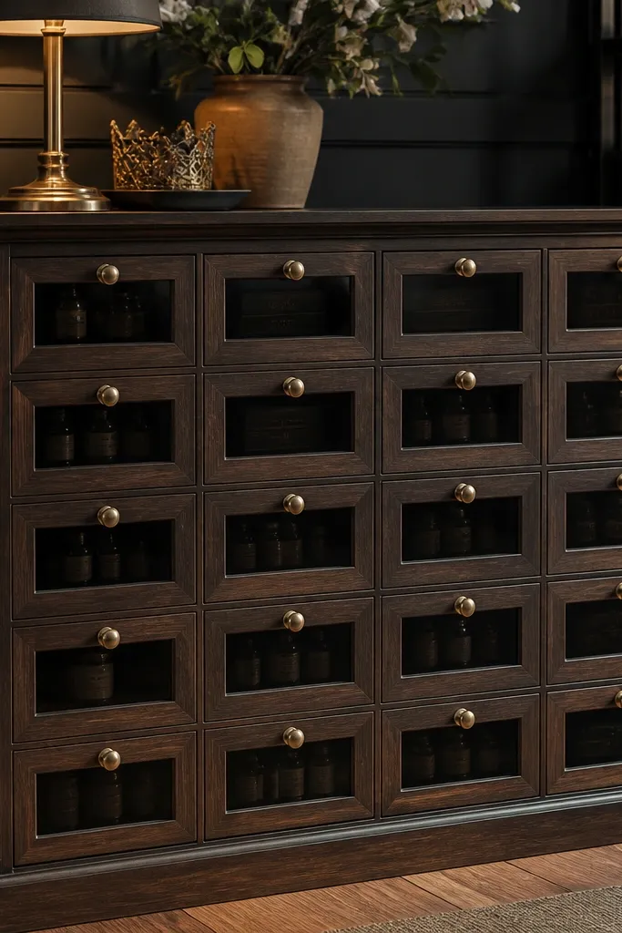 Dark cabinet with black glass doors and labeled jars inside