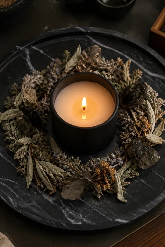 Dark marble tray with a candle bowl and small witchy accessories