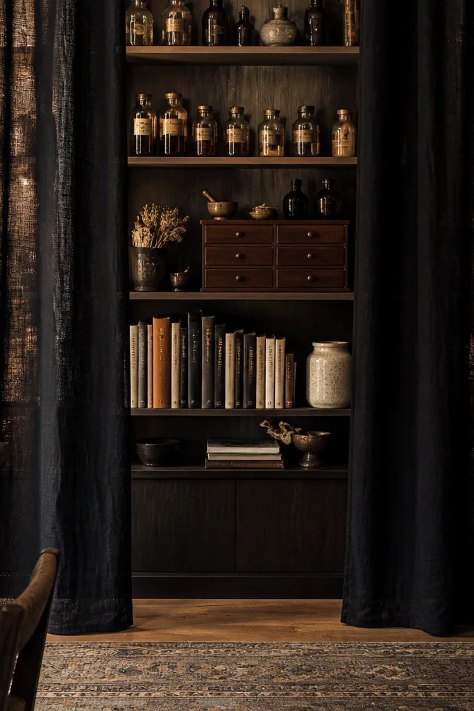 Black linen curtains framing a craft alcove with a desk inside