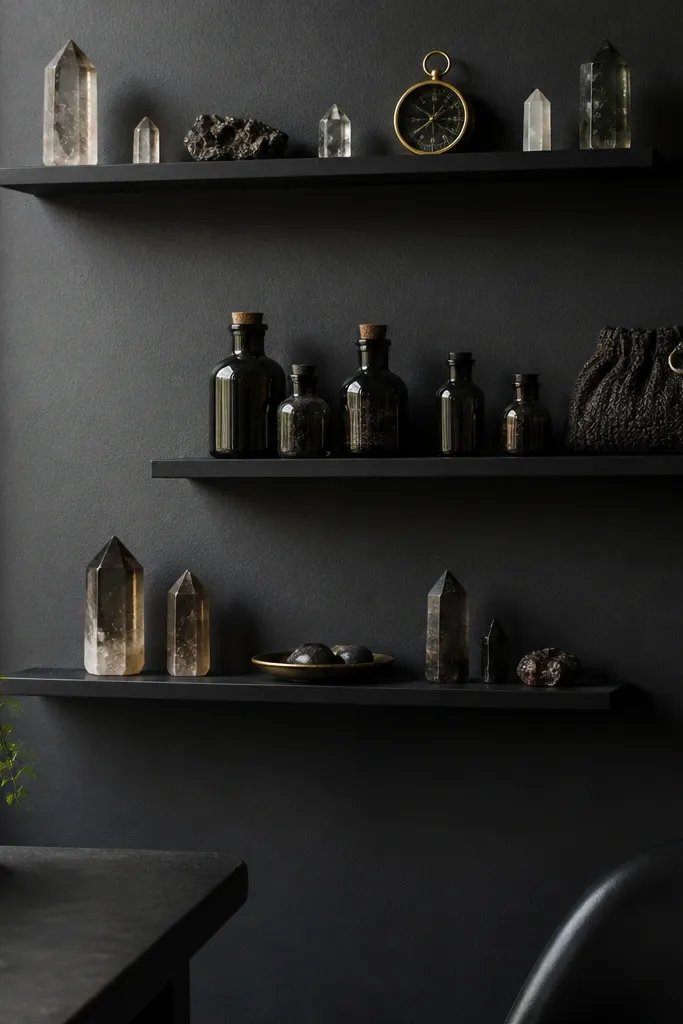 Floating shelves with dark objects like jars, crystals, and framed witchy art