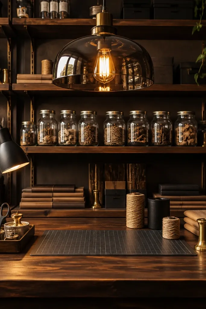 Smoked glass pendant light hanging over a cutting mat on a dark desk